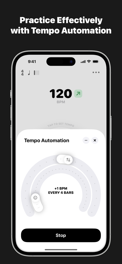 Metronome؜ - 4마디마다 BPM을 증가시키는 템포 자동화 설정을 보여주는 메트로놈 앱 인터페이스
