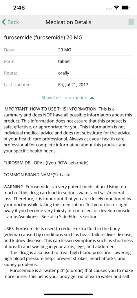 MEDITECH MHealth - Medication details screen for Furosemide in the MEDITECH MHealth app showing dosage and health warnings