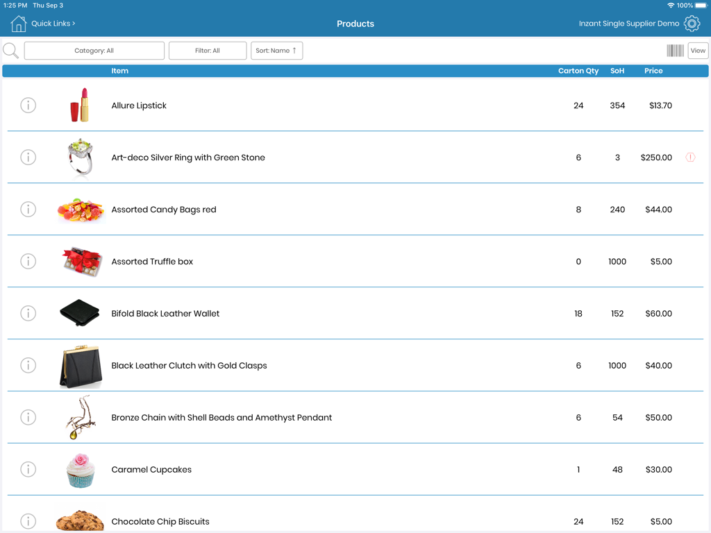 Wholesale product catalog and inventory view in the Inzant Sales app on iPad