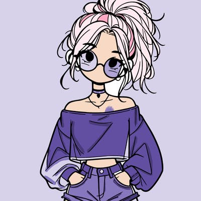 girl with a messy ponytail glasses a baggy crop top and jean shorts