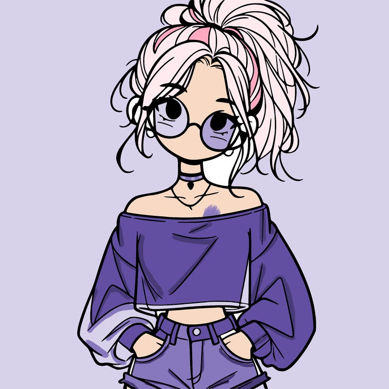 girl with a messy ponytail glasses a baggy crop top and jean shorts