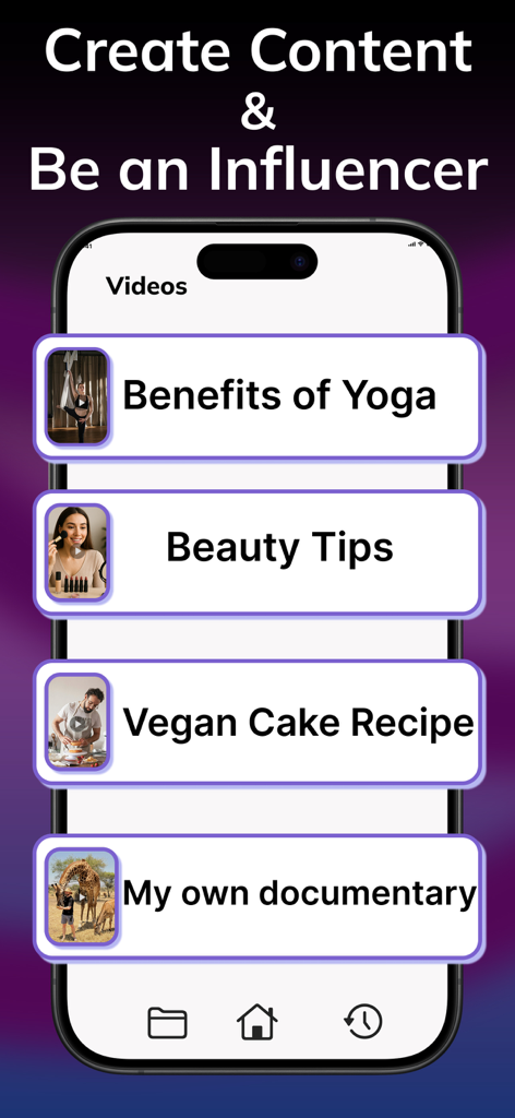 AI Video Maker: Vido - A mobile app screen showing a list of video projects created with AI Video Maker Vido including yoga and beauty tips