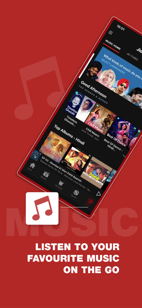 JioTV-Live TV & Catch-Up - 人気のヒンディー語映画アルバムや主要な音楽ジャンルを特集したJioTVモバイルアプリのミュージックセクション