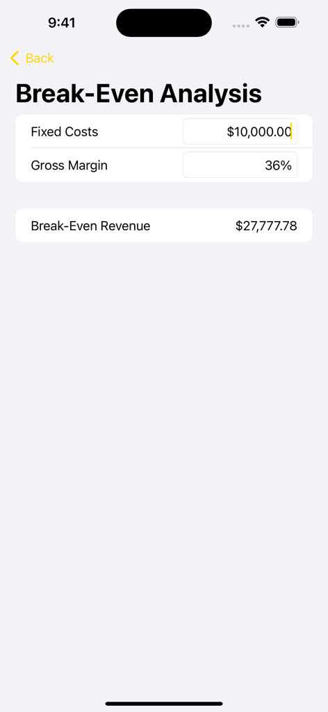 Business Calculator + - Écran d'analyse du seuil de rentabilité dans l'application Business Calculator plus