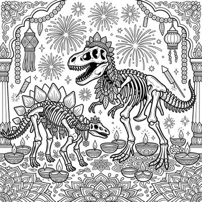 Discover a truly unique fusion of ancient history and vibrant tradition with our Dinosaur Skeletons Diwali coloring page. Adorn these prehistoric creatures with dazzling colors as they join in the joyous festival of lights, surrounded by intricate patterns and festive elements.