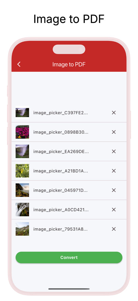 複数の写真をPDFドキュメントに変換するための、モバイルアプリのインターフェース