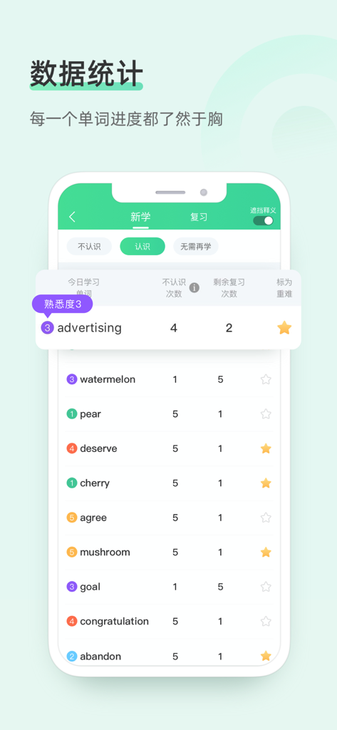 手机应用界面，用中文显示了带有进度追踪和记忆统计的英语单词列表