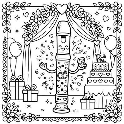 Join the heartwarming wedding celebration with this delightful recorder coloring page designed especially for kids. Filled with festive details like rings, cakes, and confetti, it's a perfect activity to spark young imaginations.