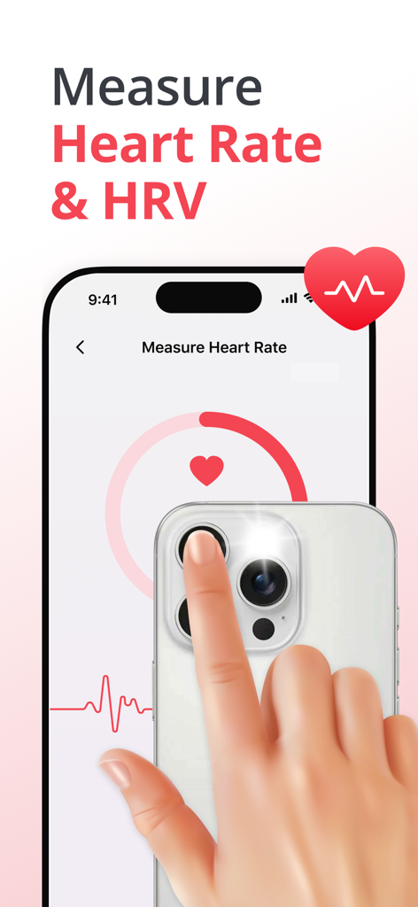 PulseNow: Heart Rate Monitor - PulseNow app interface showing heart rate and HRV measurement using an iPhone camera