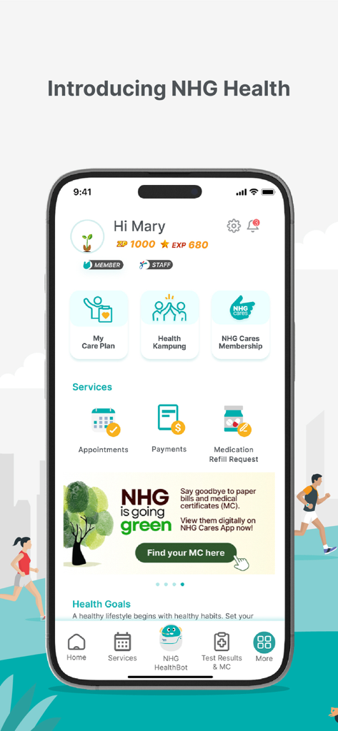 NHG Health - NHG Health 모바일 앱 홈 화면, 의료 서비스 및 사용자 대시보드 표시