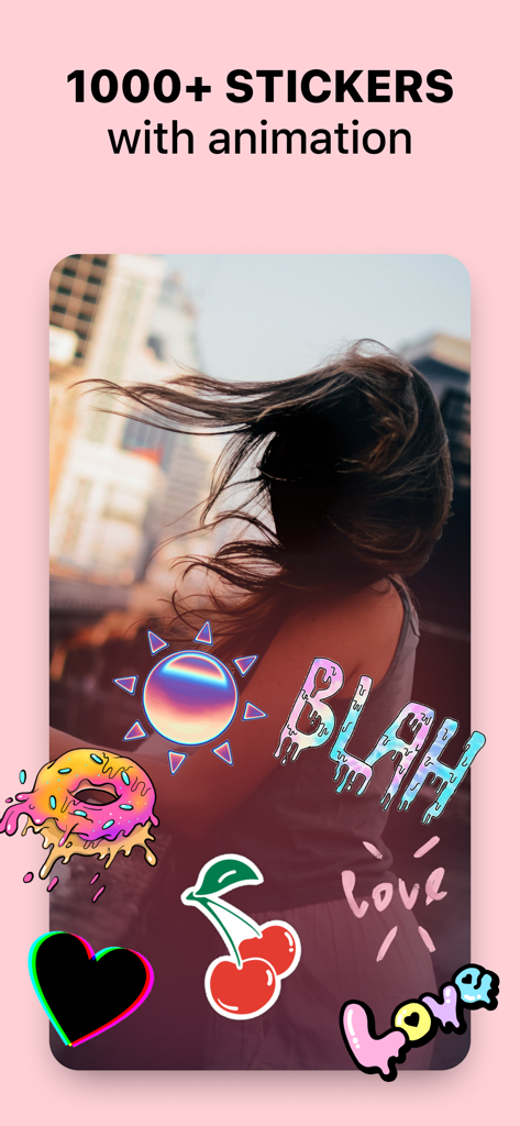 ReelMaker - Video Templates - A mobile app screenshot showing a photo of a woman decorated with colorful animated stickers like a sun, a donut, and hearts with the text 1000 plus stickers with animation.