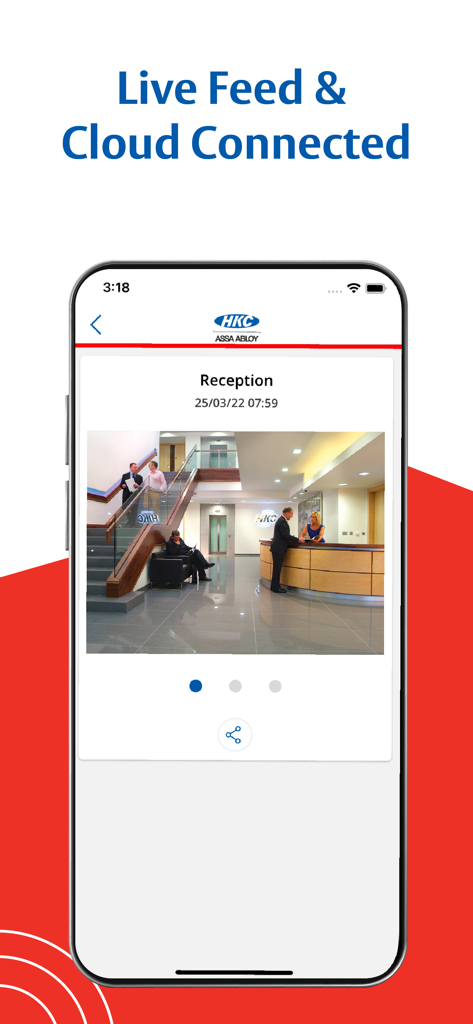 HKC SecureComm 2 - Smartphone displaying a live security camera feed of an office reception area within the HKC SecureComm 2 app
