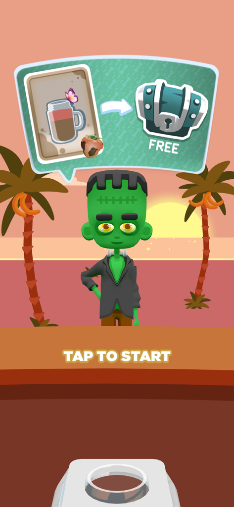 Personaje de Frankenstein pidiendo un batido en un chiringuito en el juego Blend It 3D