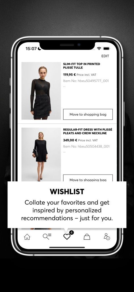HUGO BOSS - Premium Fashion - La funzione wishlist dell'app HUGO BOSS che mostra gli articoli salvati e raccomandazioni di stile personalizzate.