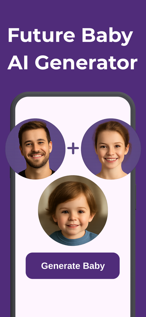 Future Baby AI Generator - Interface of Future Baby AI Generator showing parent photos merged into an AI-generated baby face with a Generate Baby button