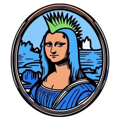 leonardo da vinci's "mona lisa" with punk hairstyle, realistic, thin borders