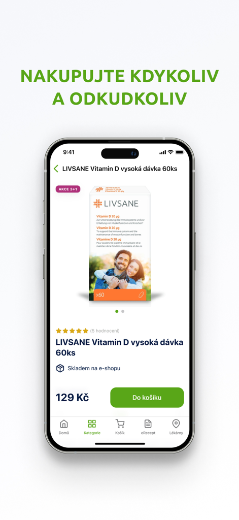 Una pantalla móvil que muestra la página de un producto de suplementos de Vitamina D en la aplicación BENU Farmacia con un botón verde de añadir al carrito.