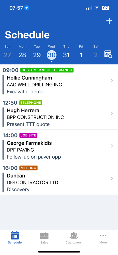 SalesLink Flex - SalesLink Flex app daily schedule showing customer visits and equipment demos.