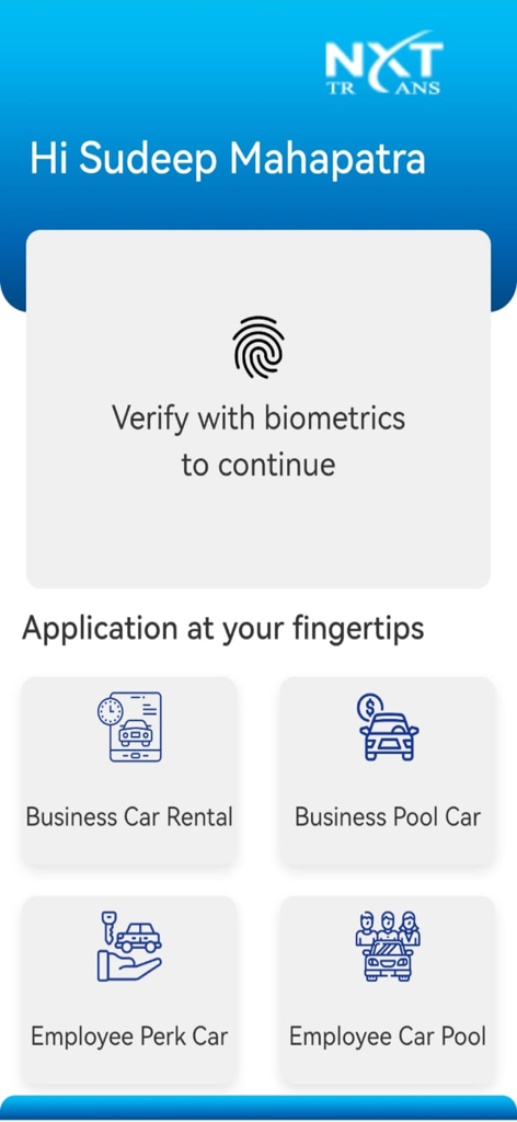 NXT TRANS - Tela inicial do aplicativo NXT TRANS apresentando verificação biométrica e opções para aluguel de carros corporativos, carros compartilhados e caronas para funcionários.