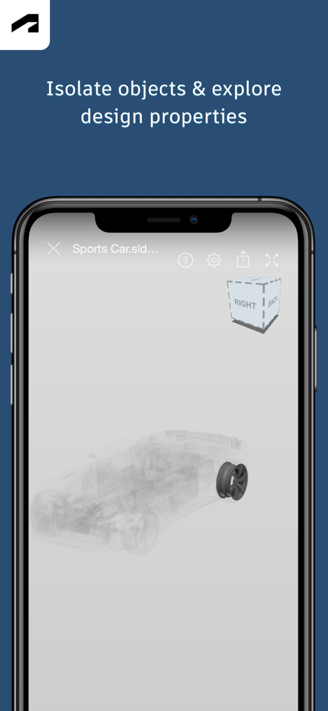 Autodesk Fusion mobile app interface showing an isolated 3D wheel component on a sports car design model