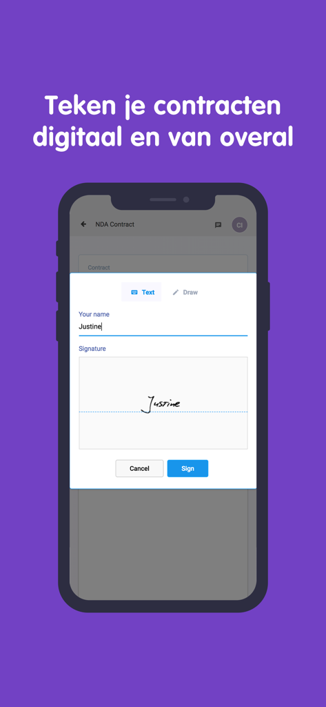 Officient - Officientモバイルアプリの画面。NDA契約のデジタル署名インターフェイスが表示されます。