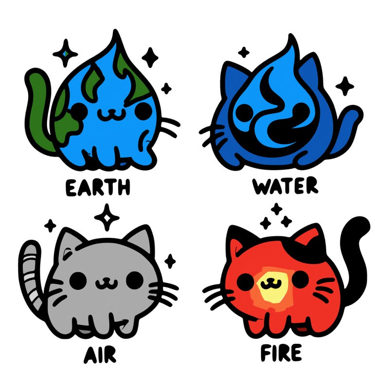 4 cats that represent the different elements, earth, water, air, and fire