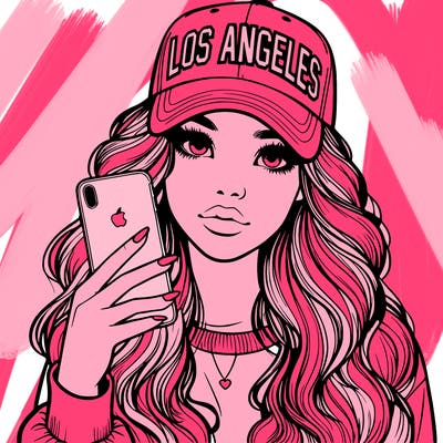 realistic beautiful girl wearing los ángeles cap holding an iphone