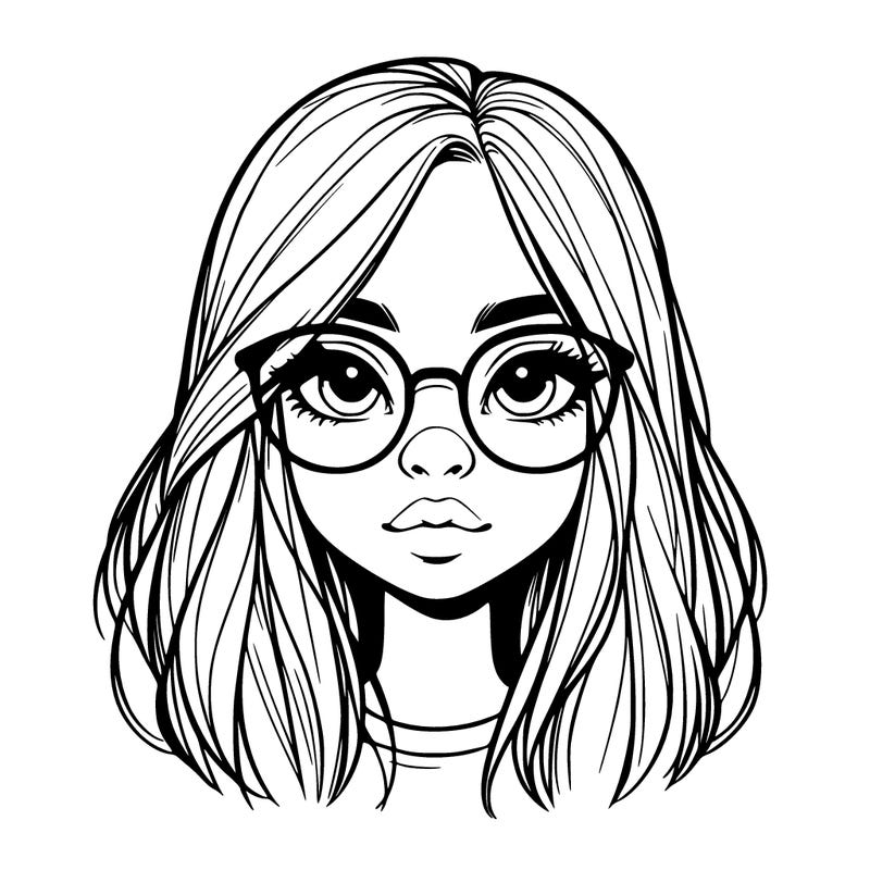realistic girl with her hair down and glasses  and a nose