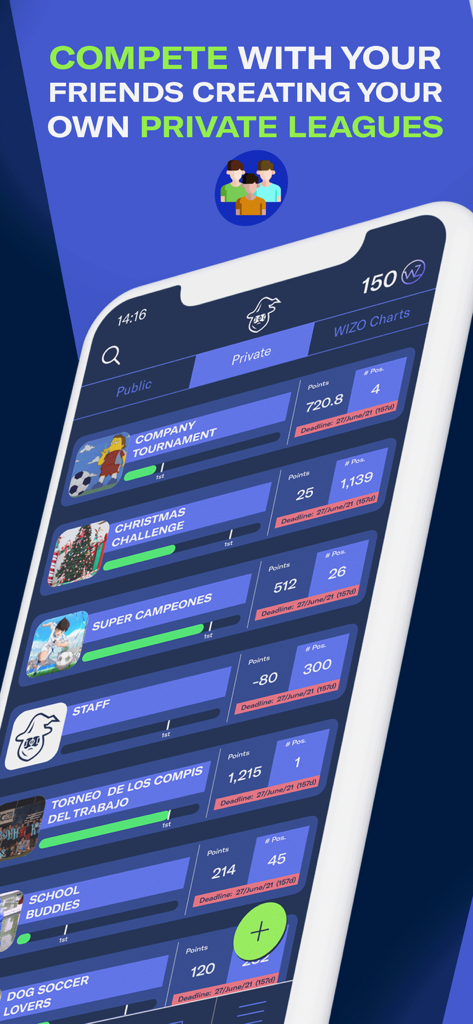 Football Wizard. Predict & Win - Uma interface de aplicativo móvel mostrando ligas e torneios de futebol privados para competir com amigos.