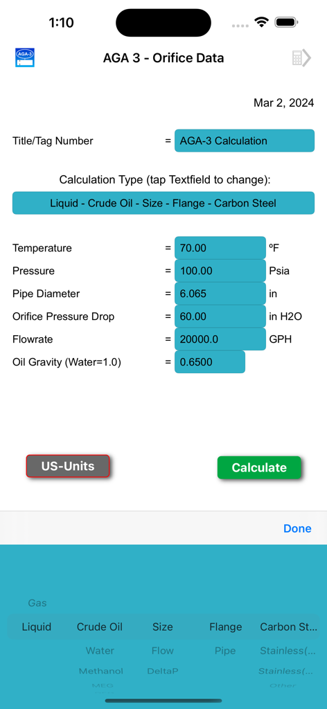AGA-3 Orifice app interface showing crude oil flow calculation parameters and unit selection