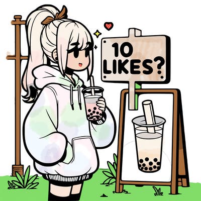 girl with oversized hoodie drinking boba and she has a high ponytail with a sign that says 10likes?