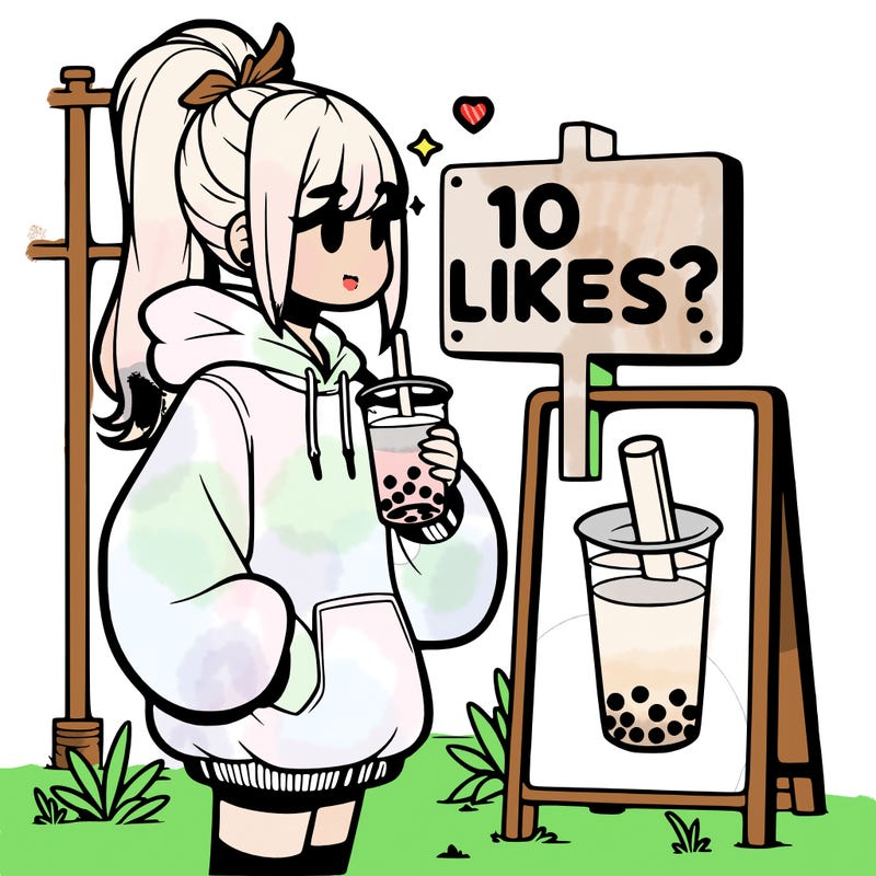 girl with oversized hoodie drinking boba and she has a high ponytail with a sign that says 10likes?