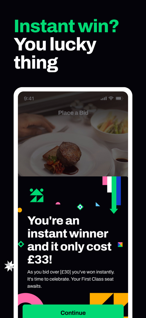 Seatfrog app screen showing an instant win notification for a first class rail upgrade costing thirty-three pounds