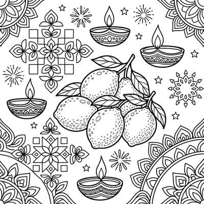 Brighten up the Festival of Lights with this charming Diwali coloring page featuring a delightful arrangement of lemons. Designed for kids, this engaging illustration includes traditional diyas, intricate rangoli, and festive fireworks, all ready for a splash of color.