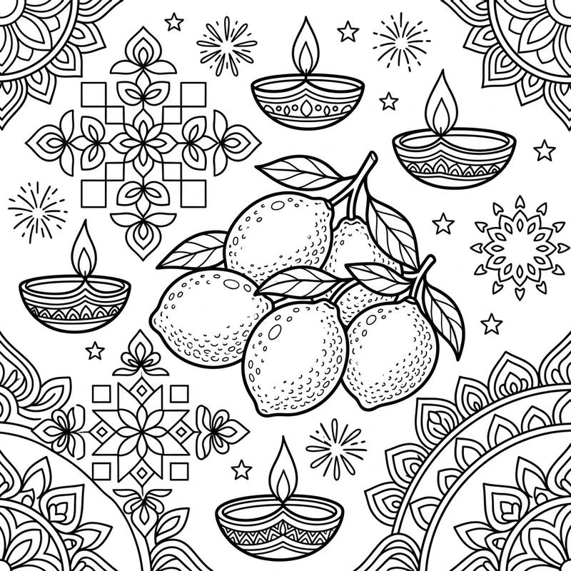 Brighten up the Festival of Lights with this charming Diwali coloring page featuring a delightful arrangement of lemons. Designed for kids, this engaging illustration includes traditional diyas, intricate rangoli, and festive fireworks, all ready for a splash of color.