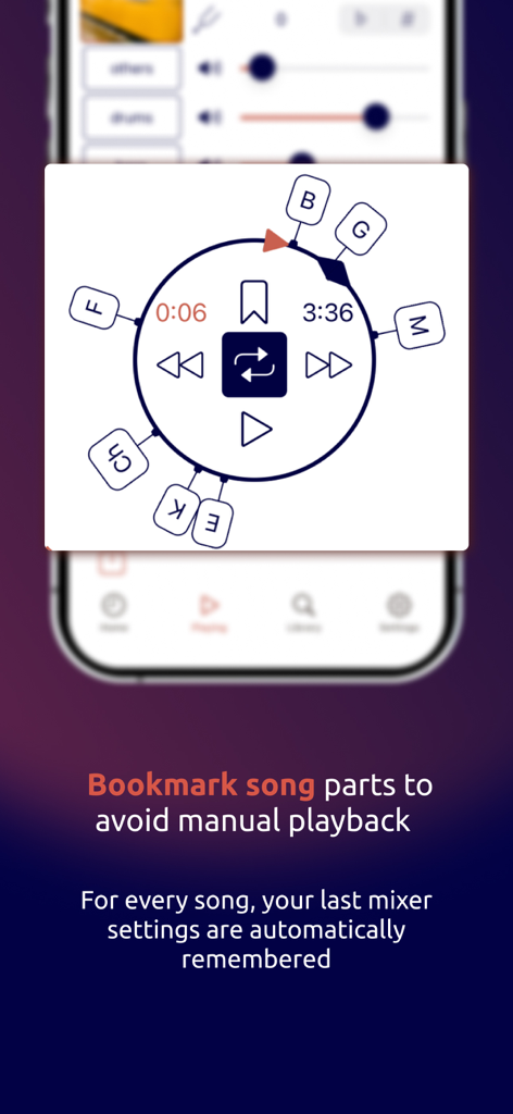 AudioRetune: AI Vocal Remover - Circular playback interface in AudioRetune showing bookmarked song sections like verse and chorus for practice.