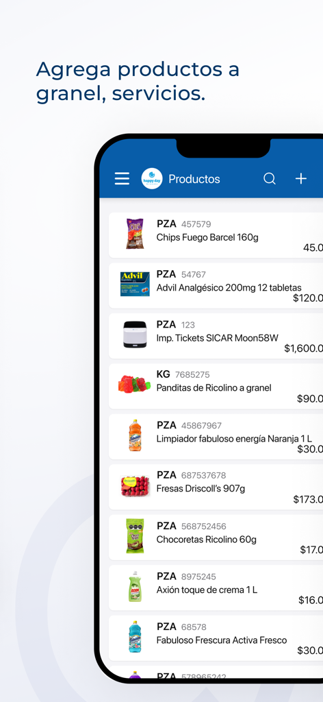 SICAR X Point of Sale - Pantalla de la aplicación SICAR X Punto de Venta que muestra una lista de productos minoristas con imágenes y precios.