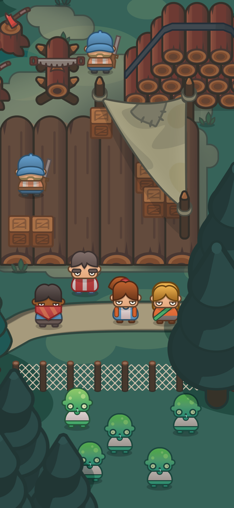 Idle Outpost Zombie Apocalypse - 녹색 좀비들이 울타리 뒤에서 기다리는 동안 나무 자원을 관리하는 숲 무역소의 카툰 생존자들.