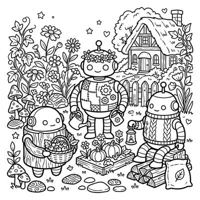 Step into a charming world where technology meets rustic serenity with this delightful coloring page featuring toy robots enjoying a cottagecore garden. Adorned with natural textures and surrounded by wildflowers, this scene invites creativity and relaxation.
