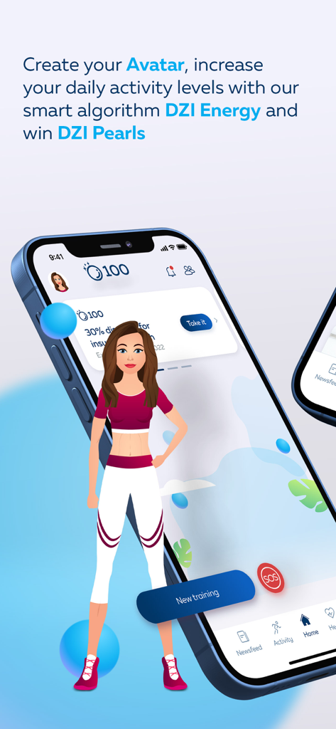 Kaksi - Mobile app screen showing a customizable female fitness avatar with activity tracking goals and reward points
