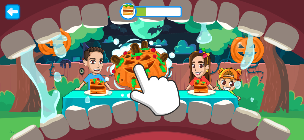 Vlad & Niki Cooking Pizza Game - Cartoon characters celebrating a Halloween party with a pumpkin cake from the Vlad and Niki cooking game