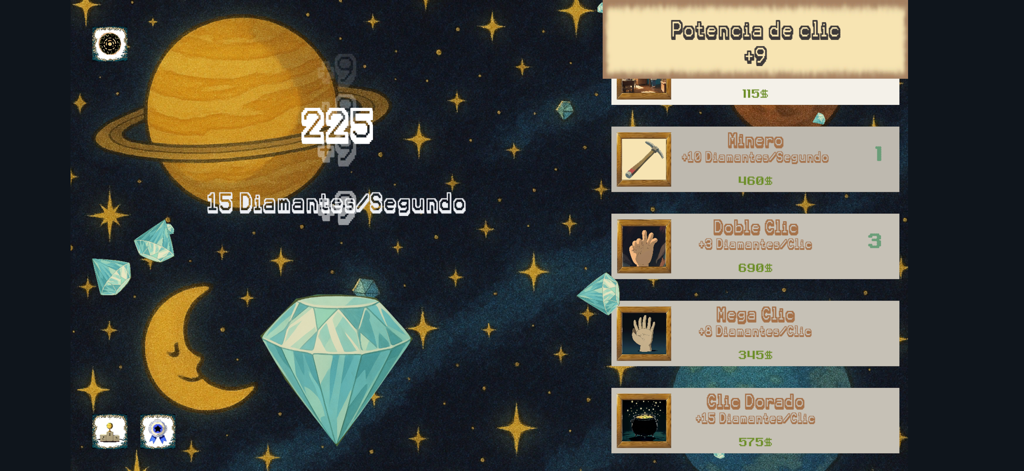 Diamond Rush Clicker - Gameplay screen of Diamond Rush Clicker showing a central diamond and an upgrade menu against a starry space background.
