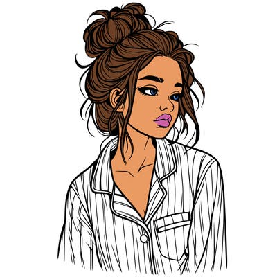 realistic woman with pajamas on and a messy bun