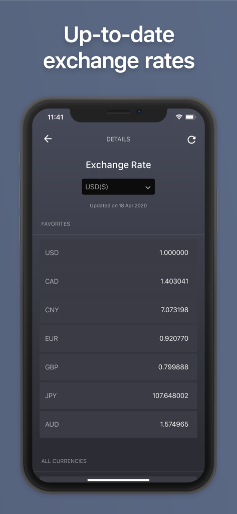 Net Worth by BalanceViewer mobile app screen displaying current currency exchange rates for global currencies.