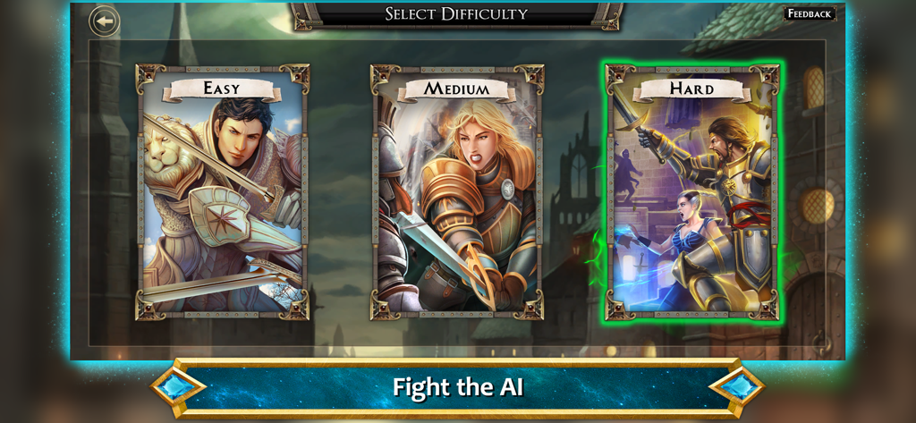 Hero Realms AI difficulty selection screen with easy medium and hard options