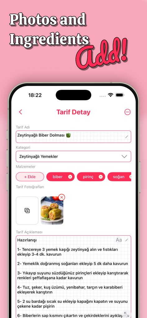 Mobile interface showing recipe details screen with options to add ingredient tags and food photos