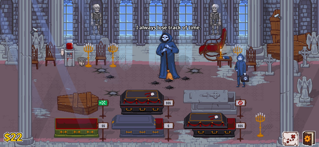 Peace, Death! 2 - Peace Death 2의 픽셀 아트 게임플레이 장면으로, 다양한 관으로 채워진 방에서 사신이 바닥을 쓸고 있습니다.