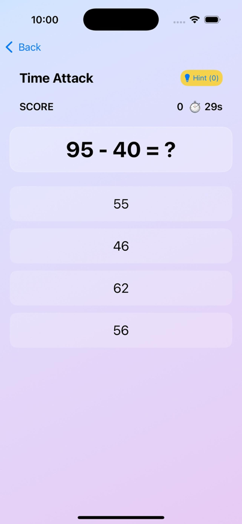 Math Rush: Brain Workout - Time Attack gameplay in Math Rush showing a subtraction equation and multiple choice answer buttons
