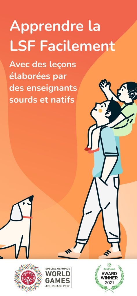 Promotional screen for Pause LSF app with an illustration of a man and child and award winner logos.