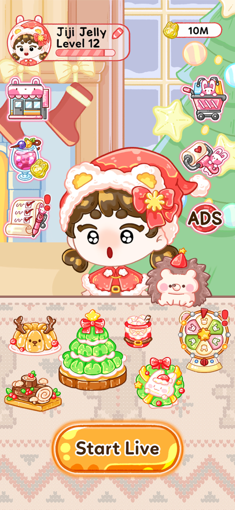 Jiji character in a Santa outfit on the Jelly Master Mukbang ASMR game start screen featuring Christmas themed jelly treats.